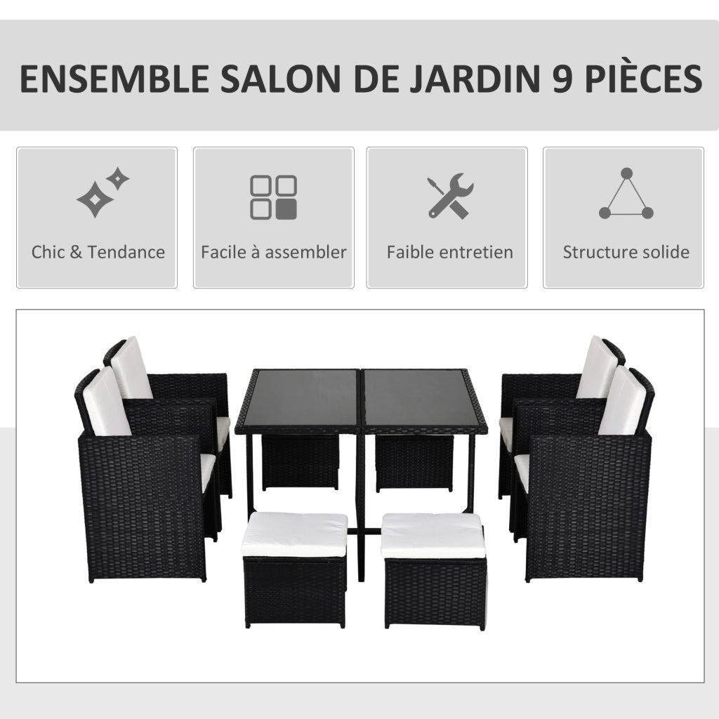 Set Divano da Giardino 8 Posti 9 Pezzi ¨C zephmum ¨C Resina Polyrattan Nero con Cuscini Beige