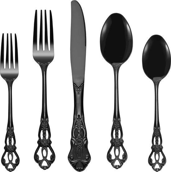 Set da tavolo a 20 pezzi, acciaio inox lucido nero, resistente al lavastoviglie, ideale per matrimoni, ricevimenti e regali.