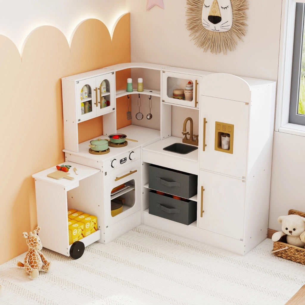 Cucina ad angolo con luci e suoni set da gioco interattivo in legno con lavabo, Cucina ad angolo set giocattolo per bambini 3+ anni Bianco