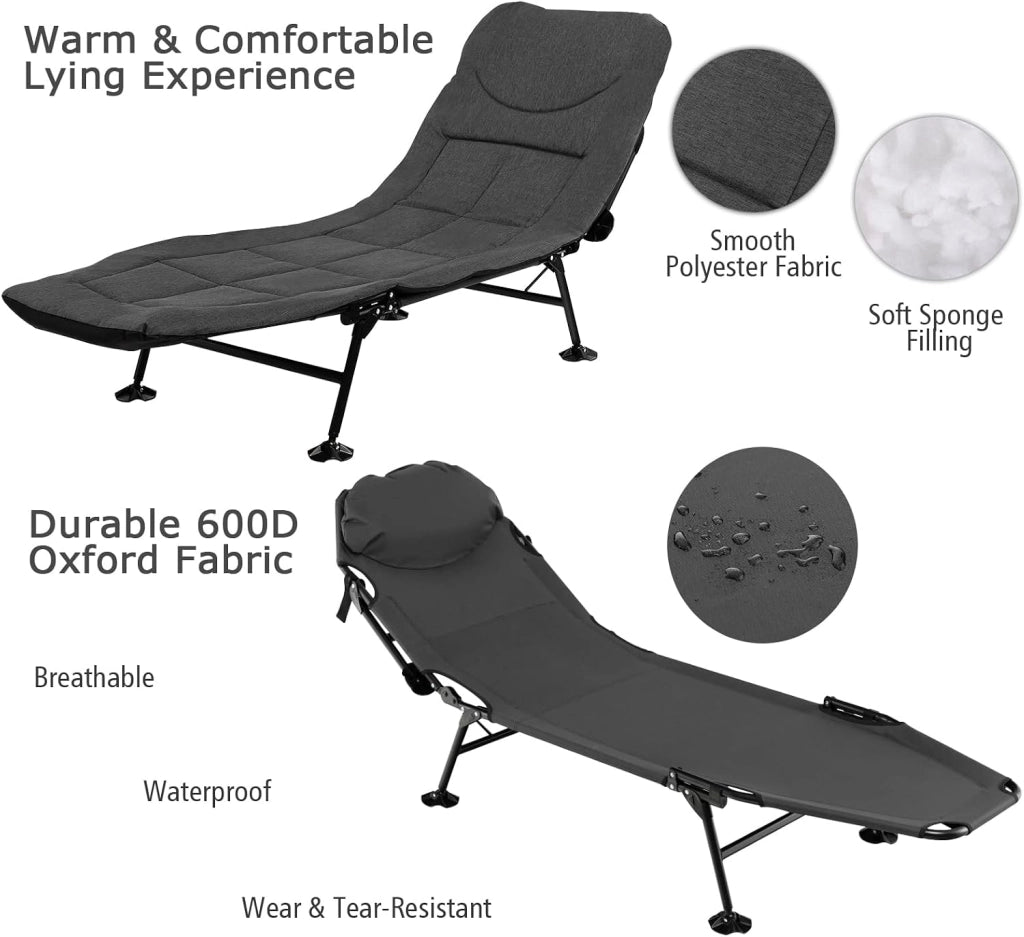 Lettino da Campeggio Pieghevole, Schienale Regolabile in 6 Livelli, Brandina con Materasso Rimovibile, Letto Portatile con Piedini Girevole a 360°, per Spiaggia, Carico 200 kg (Grigio)