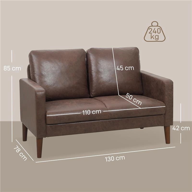 DIVANO 2 POSTI MODERNO CON RIVESTIMENTO IN TESSUTO EFFETTO PELLE TRASPIRANTE E GAMBE IN LEGNO, 130X78X85 CM, MARRONE SCURO