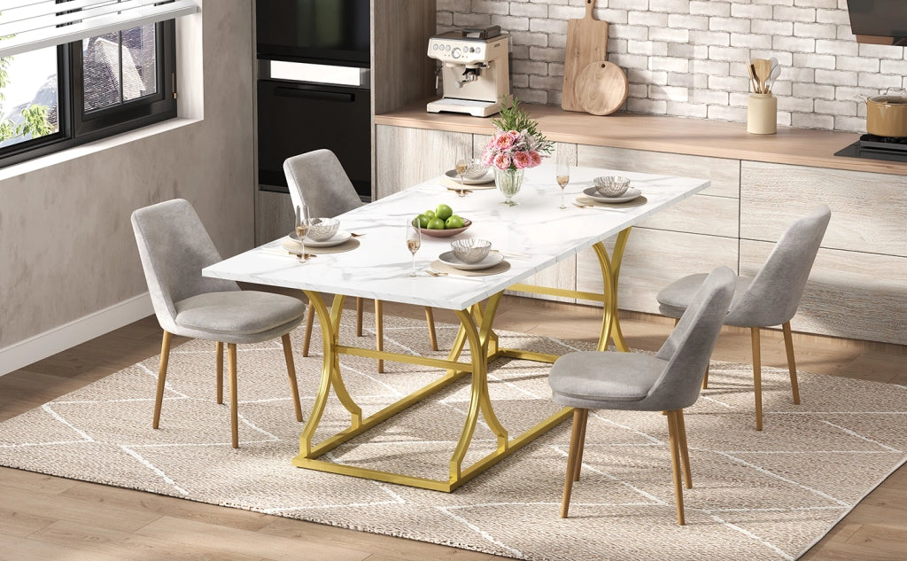 Tavolo da pranzo 200x80 cm effetto marmo, per 8-10 persone, struttura in MDF con gambe oro