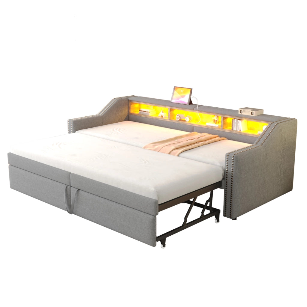Divano letto imbottito estraibile 90/180 x 200 cm in lino grigio chiaro con vano laterale e USB