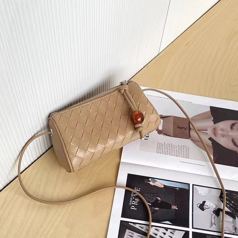 Borsa da donna in vera pelle, borsa a cuscino, borsa per cellulare intrecciata, marrone