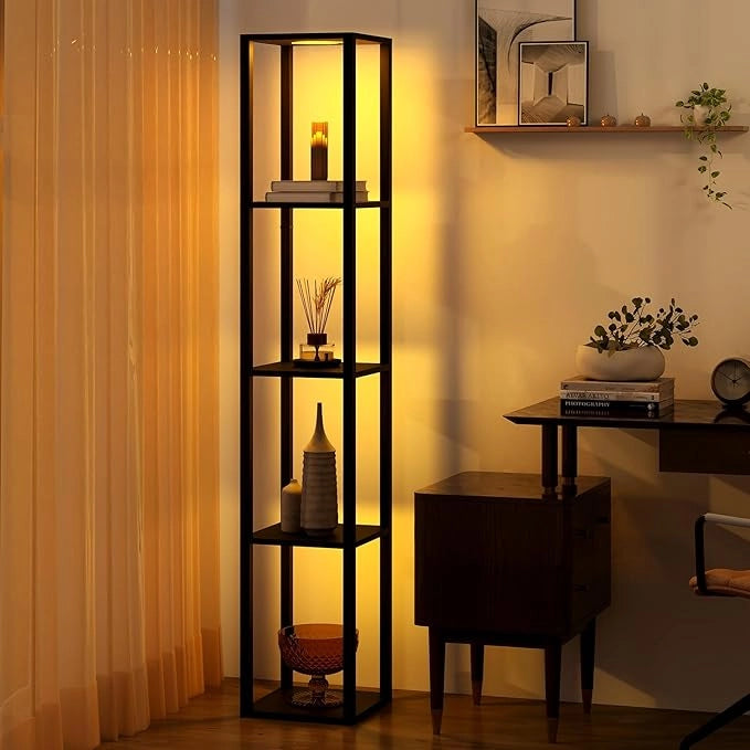 Lampada da Terra con Ripiani, Espositore Autoportante a 4 Livelli con Luci LED Dimmerabili a 3 Vie e Interruttore a Pedale, Lampada da Scaffale Moderna in Legno per Salotto e Studio