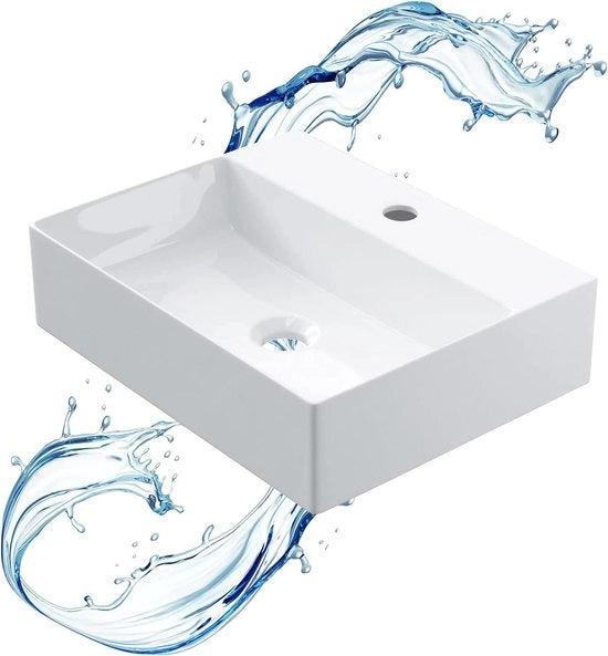 Wastafello reclinato in ceramica - bianco - con rubinetto - 46 x 36 x 12 cm - per mobili bagno e sanitari