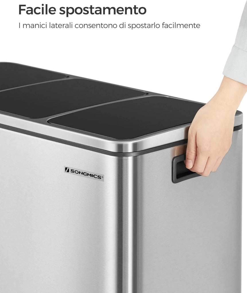 SONGMICS Cestino da Cucina, Pattumiera per Raccolta Differenziata 3 x 18L, 3 Scomparti per Riciclaggio, Coperchi a Chiusura Morbida, Pedali, Acciaio, Argento Metallizzato e Nero Inchiostro LTB54NL
