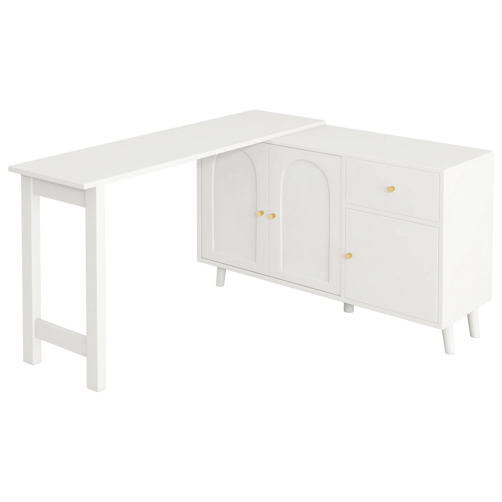 Scrivania girevole 360° con 3 ante e 1 cassetto funzione 2 in 1 per soggiorno e ufficio domestico in truciolare bianco