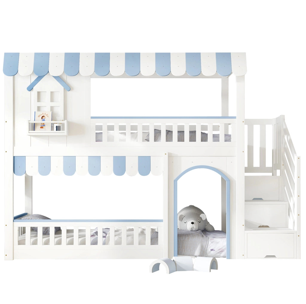 Letto a castello per bambini 90x200 cm bianco e blu con scala