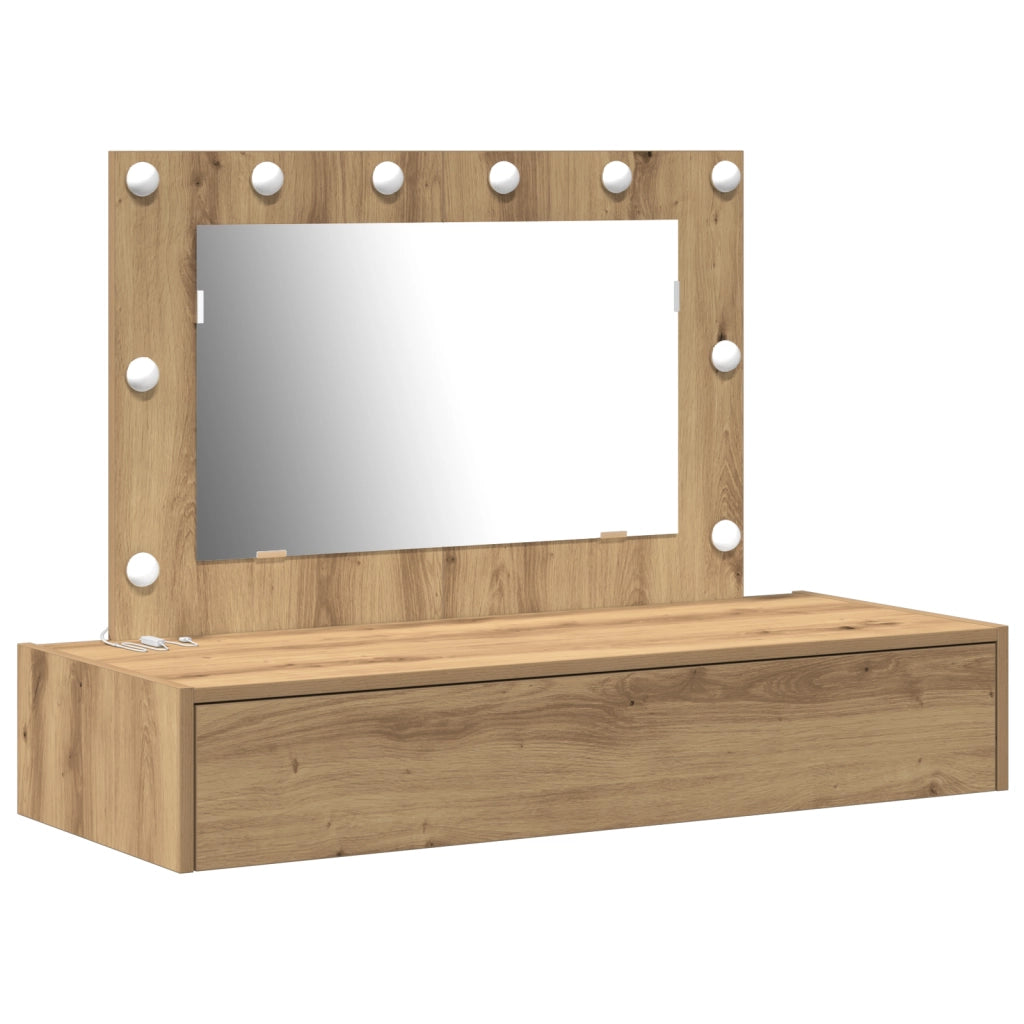 Tavolo da trucco appeso con luci LED in rovere artigianale
