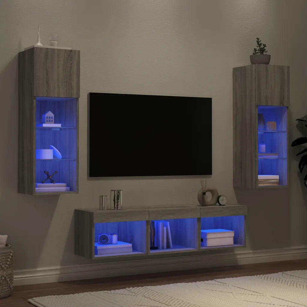 Mobili TV a Muro con LED 5pz Grigio Sonoma in Legno Multistrato 3216602