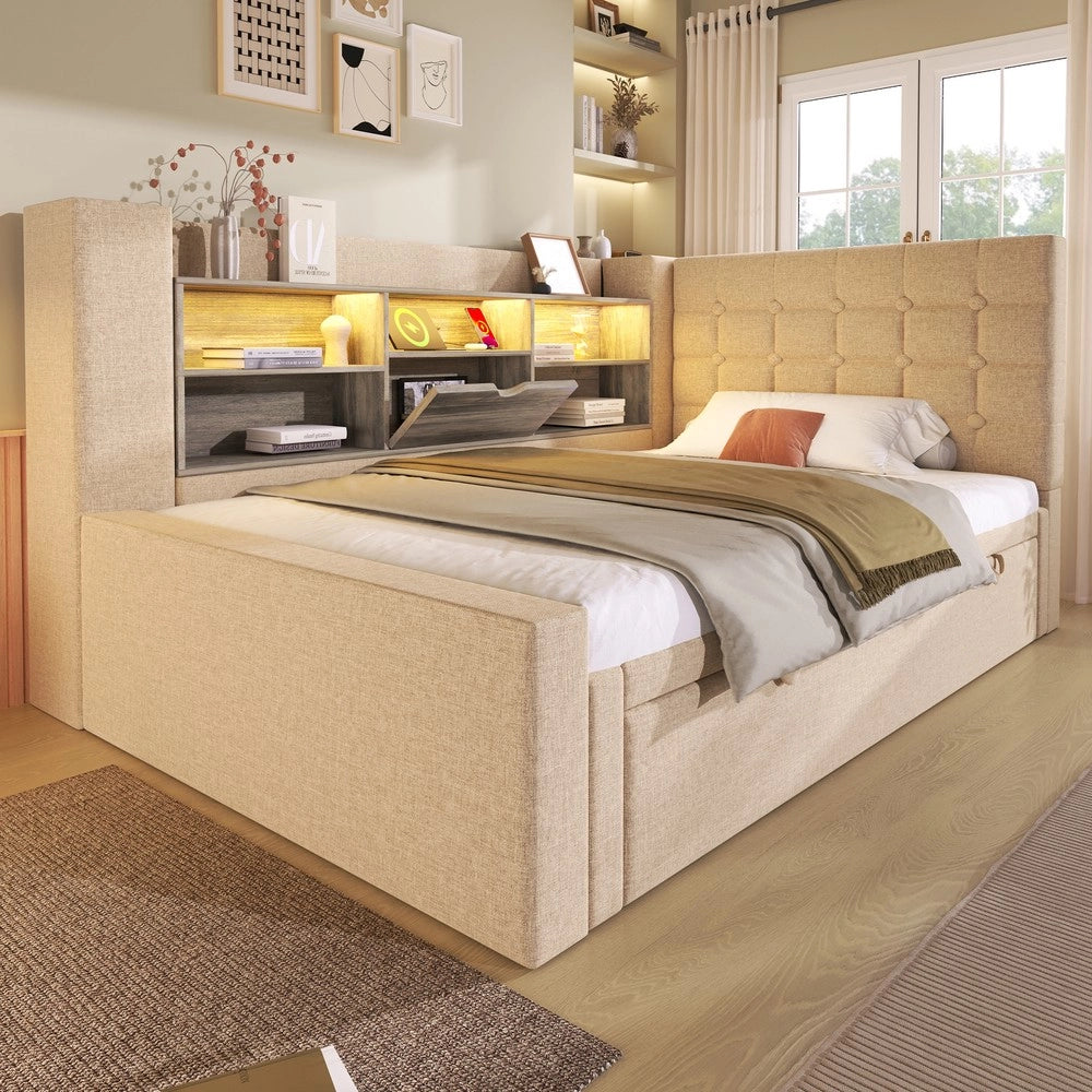Letto Imbottito Singolo con Letto Estraibile, LED e Testiera Contenitore ¨C MINIMAL ¨C Lino Beige 90x200