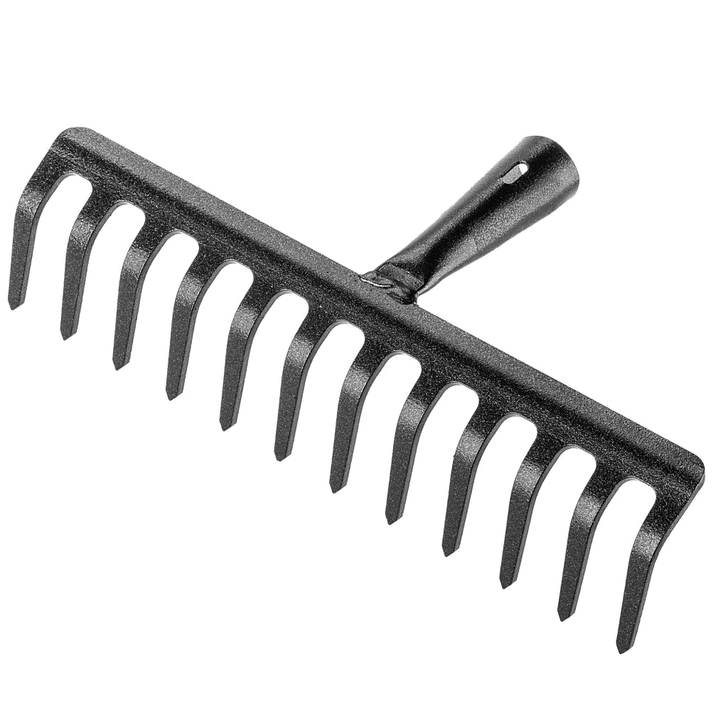 Rastrello per foglie in acciaio KADAX a 12 denti, senza manico, per terra ed erba.