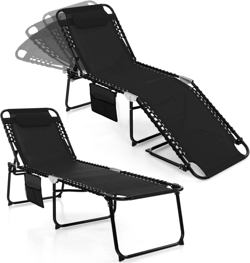 Lettino Prendisole da Giardino Pieghevole, Struttura in Acciaio, Sdraio Mare Regolabile in 4 Livelli con Poggiatesta, Tasca Laterale, Lettino da Spiaggia, Piscina, Portato 150 kg (1, Grigio)