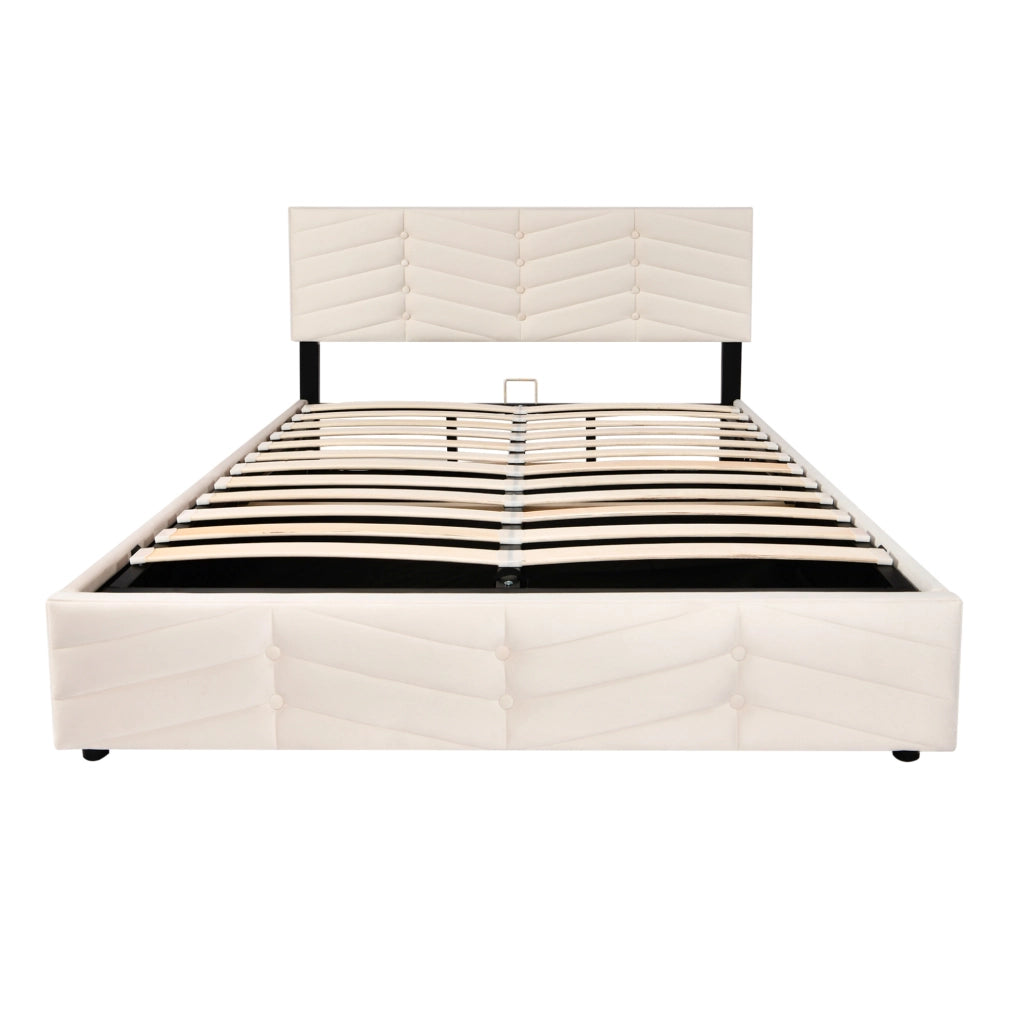 Letto imbottito 140x190 cm con rete a doghe e testiera regolabile in velluto beige