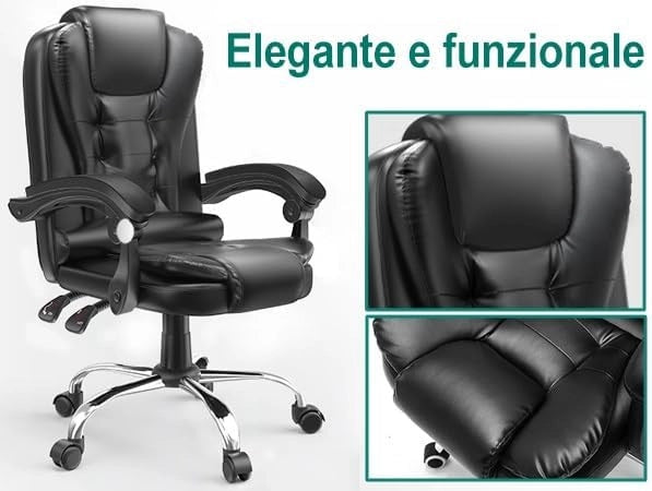 FENIXSHOP24 Poltrona/Sedia Ufficio Ergonomica Presidenziale Reclinabile e Direzionabile con Braccioli Imbottiti e Altezza Regolabile,con rotelle – Nera HLD-809