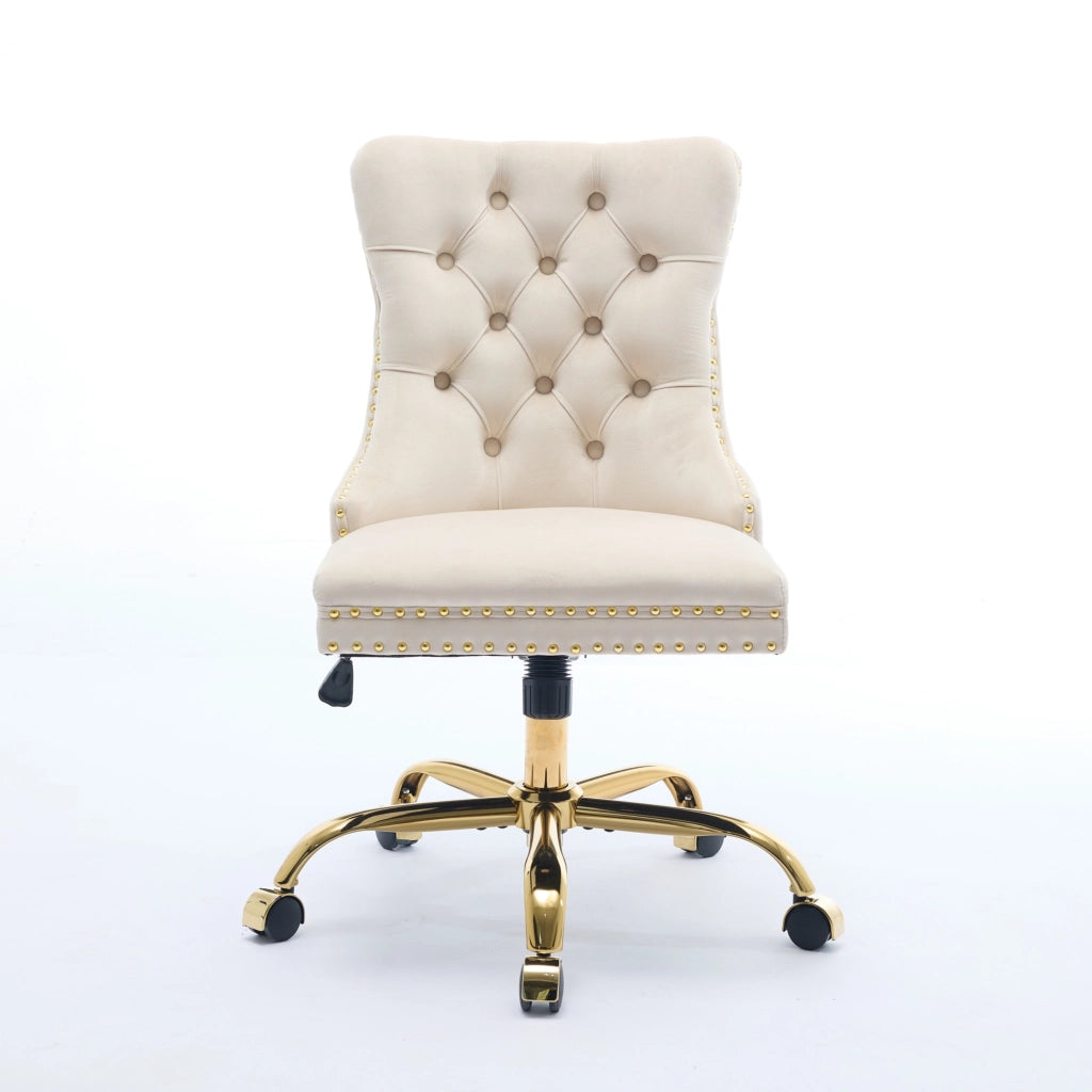 Sedia da ufficio girevole in velluto con seduta ampia schienale trapuntato e base metallica dorata beige