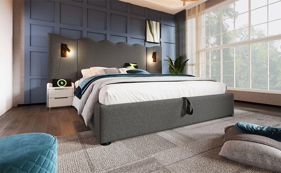 Letto matrimoniale contenitore 160x200 in lino grigio con luce da lettura e porte USB-C