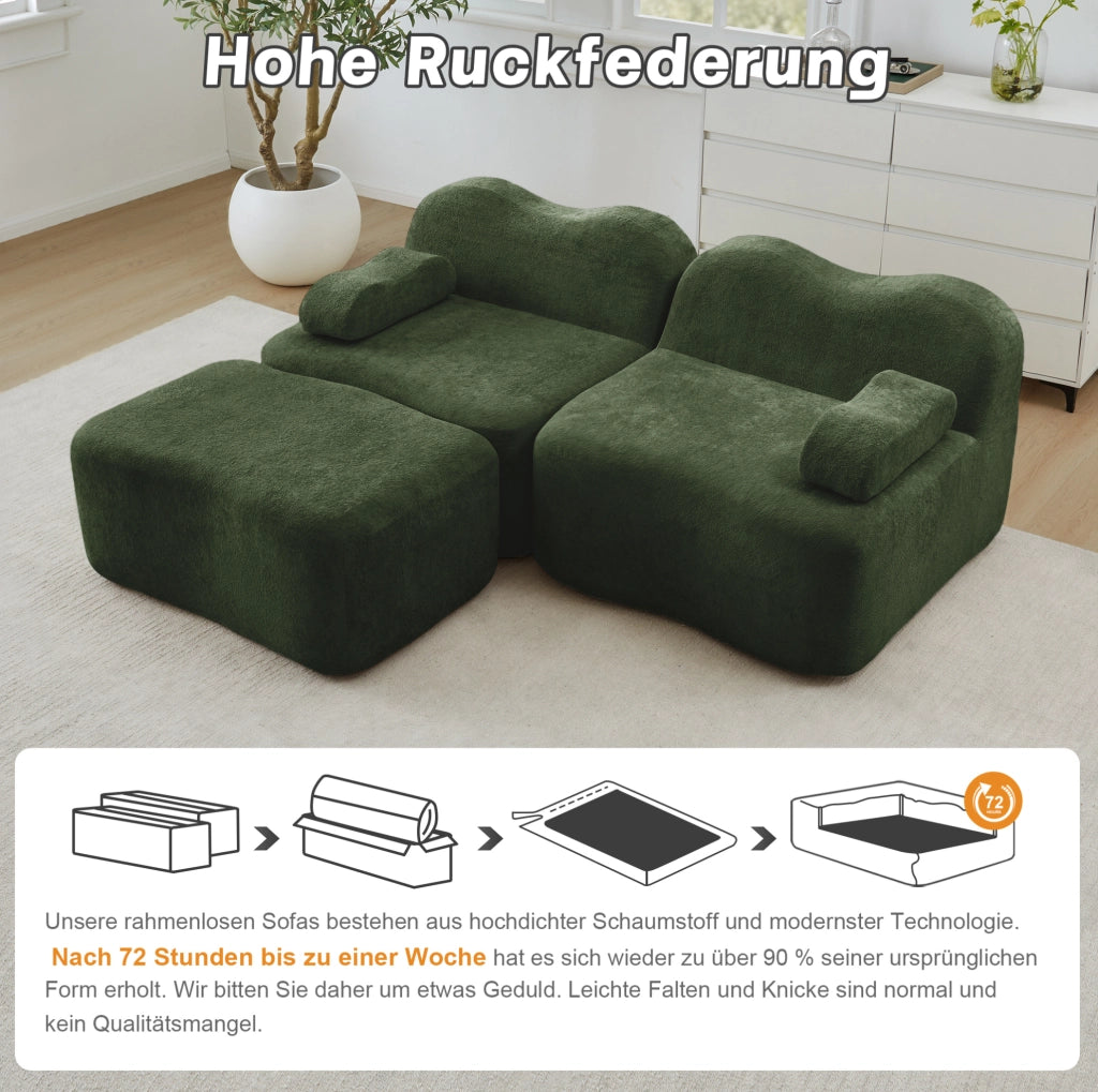 Divano angolare modulare in velluto verde con pouf; 192x167x70 cm; senza montaggio