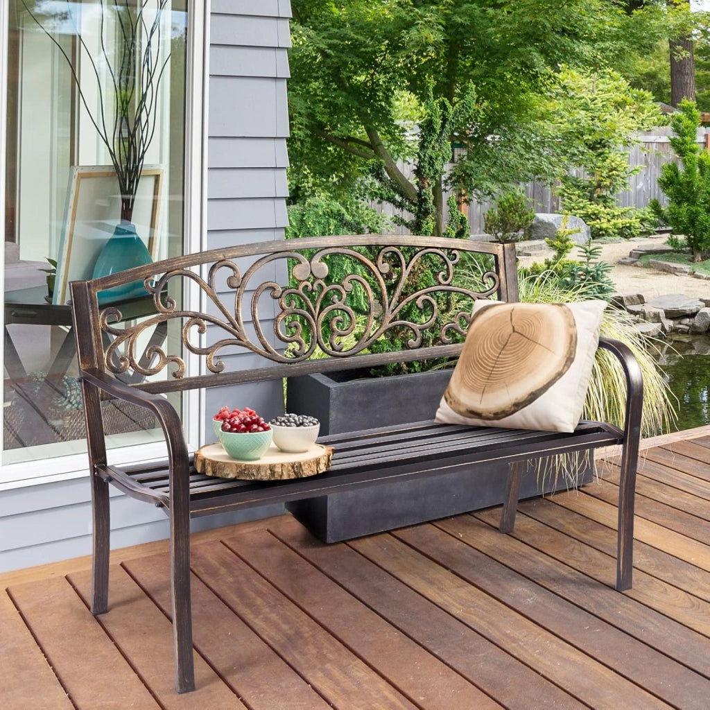 Panchina in Ferro da Giardino a 2 Posti, Panca con Schienale Belle e Braccioli, Panchina Vintage a Doppio Posto per Balcone, Terrazza, 127 x 60 x 82 cm, Bronzo