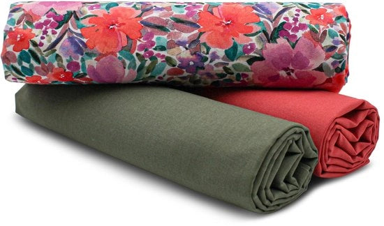 Set di tessuto in cotone a 1,5 m design + 2x selezione di tessuto a colori uniformi 100% cotone (collezione fiori 83)