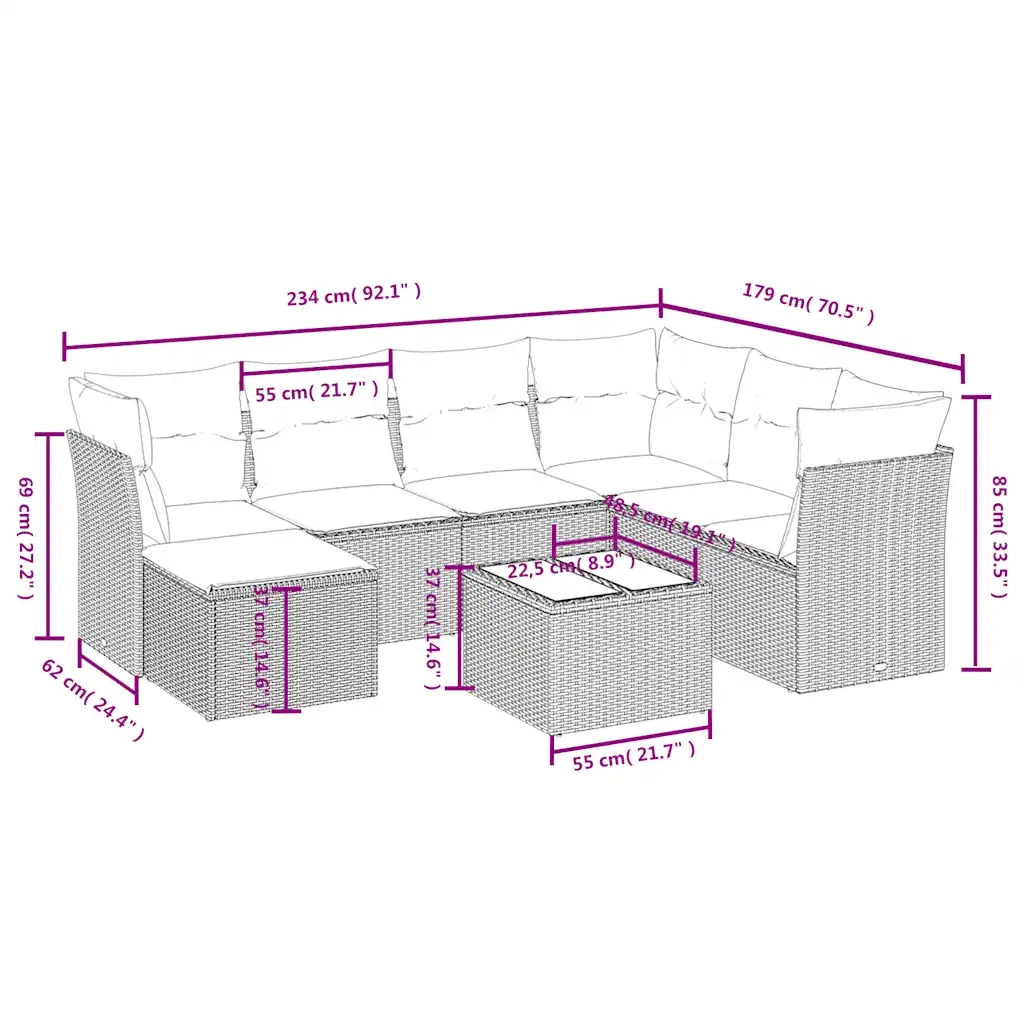 Set Divano da Giardino 8 pz con Cuscini Beige in Polyrattan 3263224