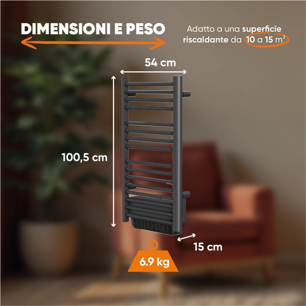 Scaldasalviette elettrico senza liquidi con soffiante 500W+1000W H.100,5xL54cm HESTIA nero