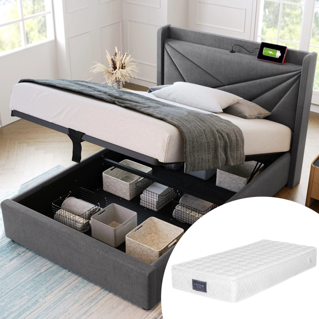 Letto singolo contenitore 90x200 cm con USB e Type-C; testiera imbottita; grigio