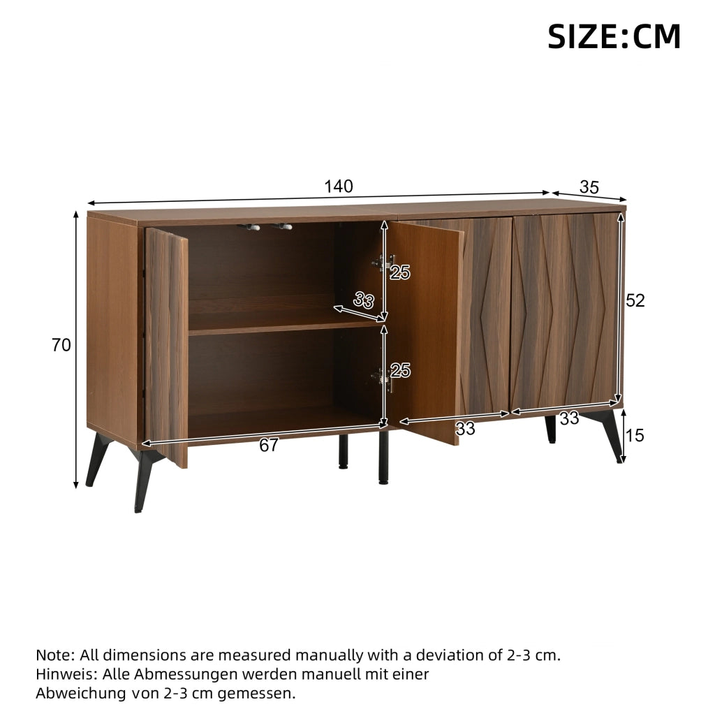 Credenza con 4 ante e ripiani regolabili 140x35x70 cm in MDF e truciolare color noce