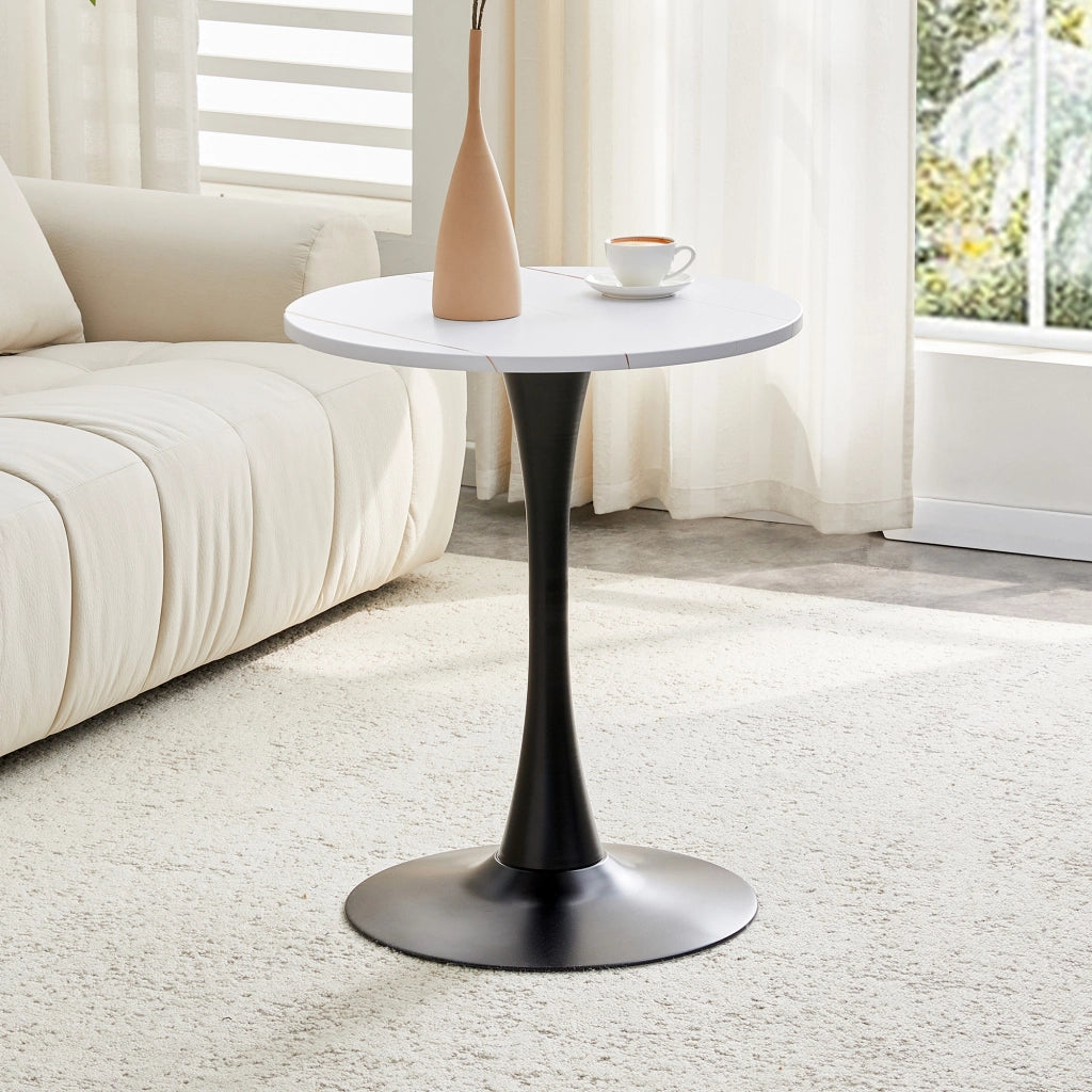 Tavolo da pranzo rotondo in MDF e metallo con piano termoformato, stile mid-century, bianco e nero