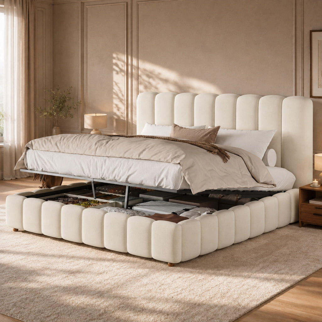 Letto contenitore matrimoniale 160 × 200 cm con sollevamento idraulico e rete inclusa, senza materasso, in velluto beige