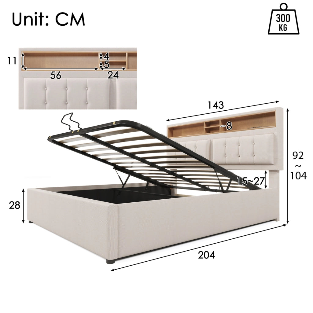 Letto imbottito 140x200 beige con contenitore, prese e materasso