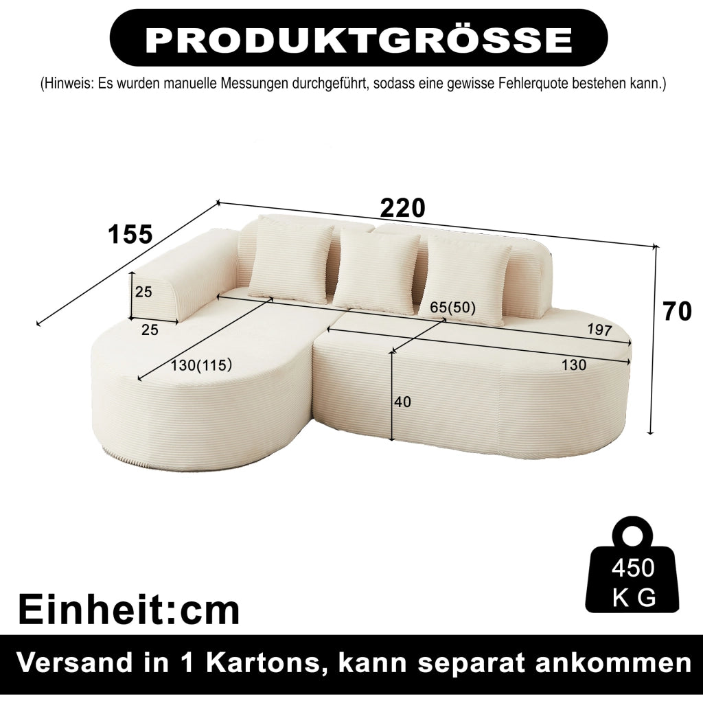 Divano angolare a L con chaise longue; braccioli curvi e cuscini in velluto a coste beige