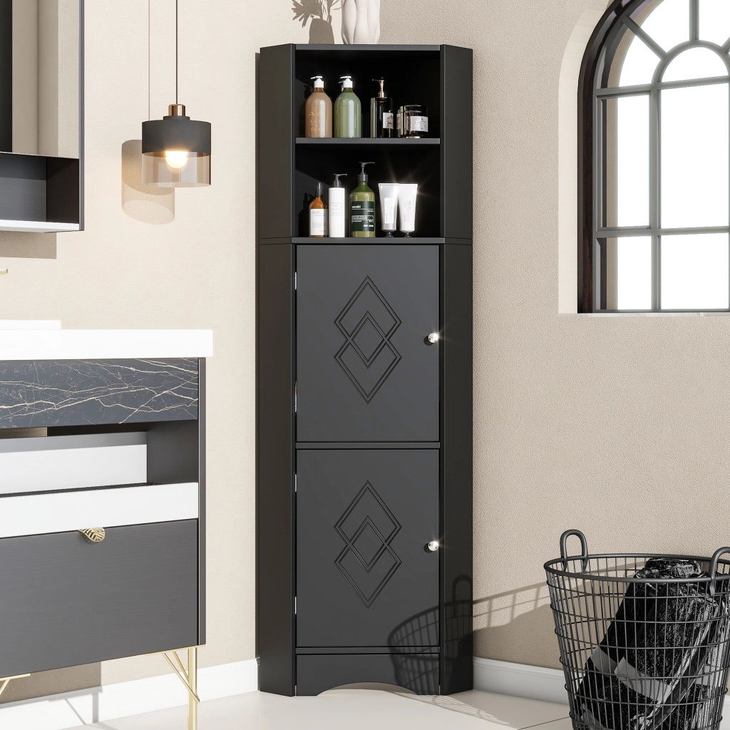 Mobile bagno angolare con vani aperti - per bagno - in truciolare - 36.5×36.5×155 cm - nero