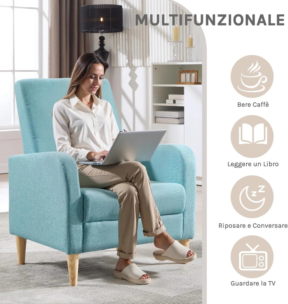 Poltrona da Salotto, Poltrona Relax con Schienale Alto, Sedia di Relax con Pieno Legno Massello Piedi, Seduta Imbottita, Rivestimento in Lino, per Salotto, Ufficio, Blu, SKS41bl