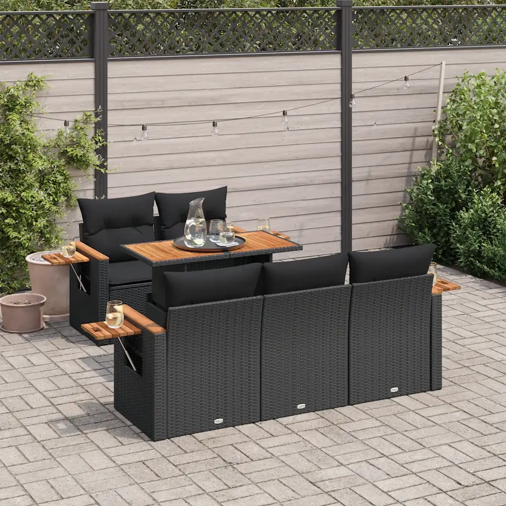 Set Divano da Giardino 6 pz con Cuscini Nero Polyrattan Acacia