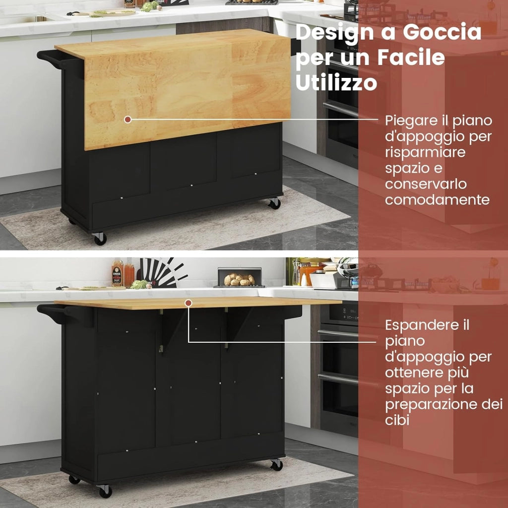 Carrello da Cucina, Isola Cucina con Piano Ribaltabile e 4 Ruote Girevoli, con Cassetto Profondo Portabottiglie Aperto e Porta Asciugamani, 130x74x90 cm (Nero)