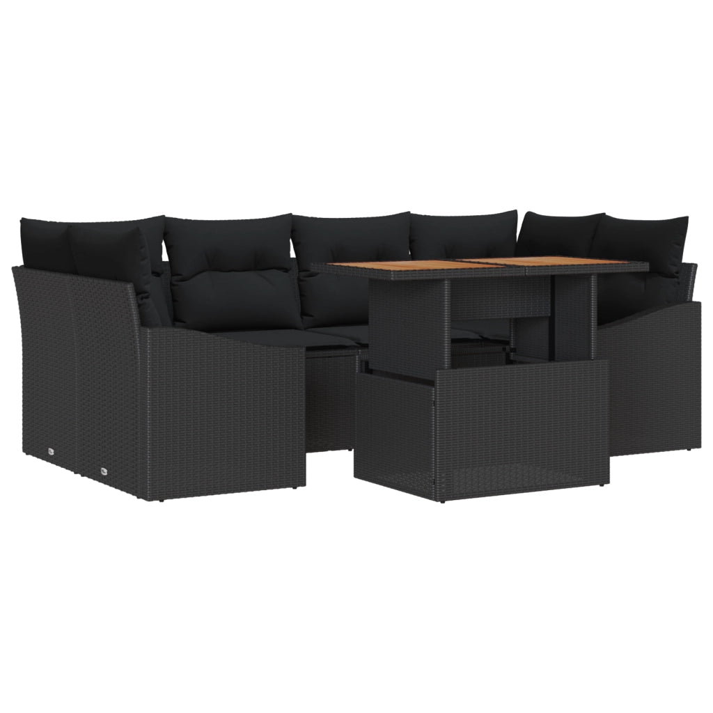 Set da Pranzo da Giardino 7 Pezzi con Cuscini in Polyrattan Nero e Acacia