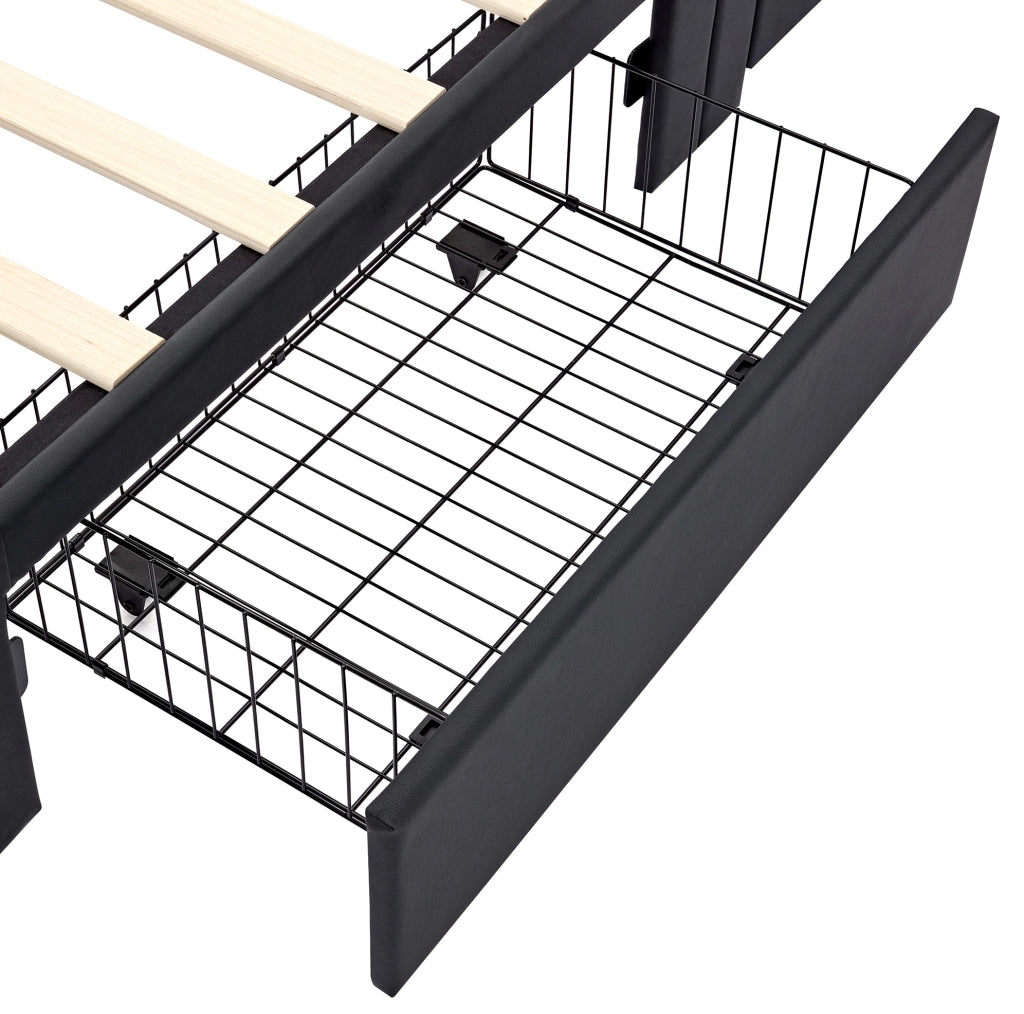 Letto imbottito 90x190 cm con USB; LED e 4 cassetti; PU nero