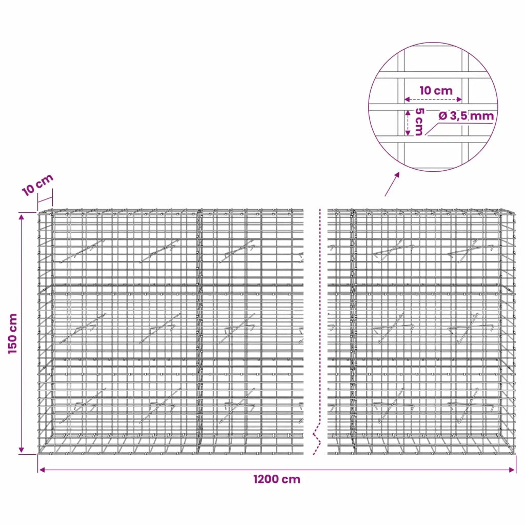 Gabione con Filo da 3,5 mm e Rete da 5x10 cm 1200x10x150 cm 3462570