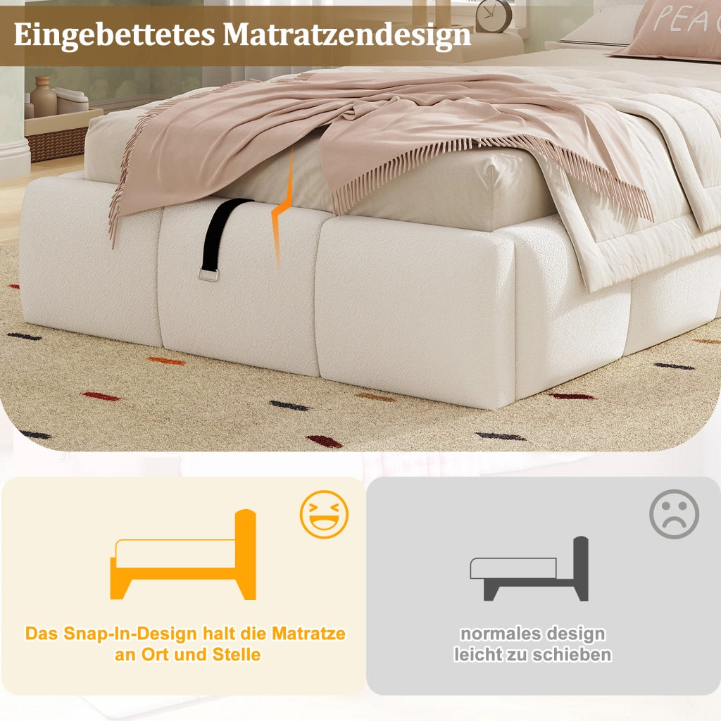 DESMIU Letto per bambini 90 × 200 cm con USB, Type-C e contenitore idraulico, senza materasso, bouclé, beige