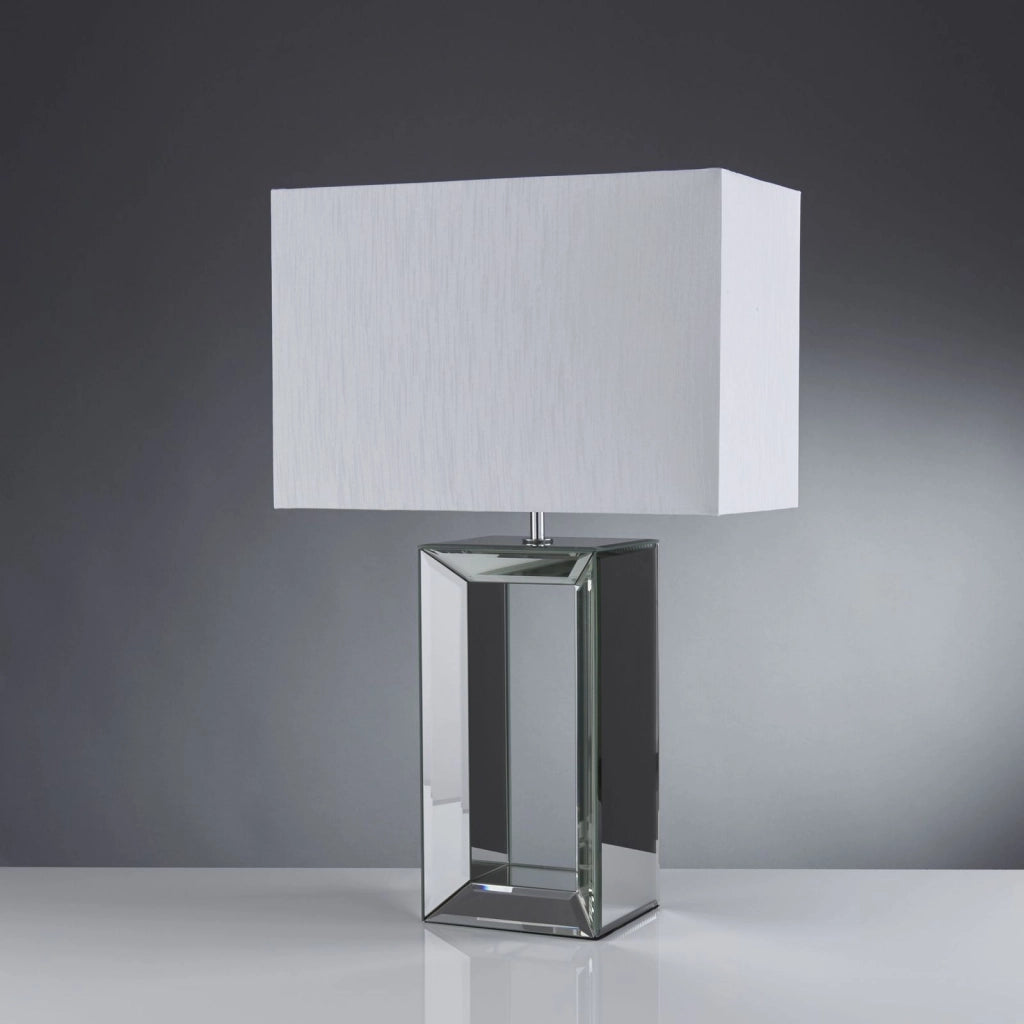 Lampada da tavolo a specchio - Vetro specchiato e paralume in finta seta bianca