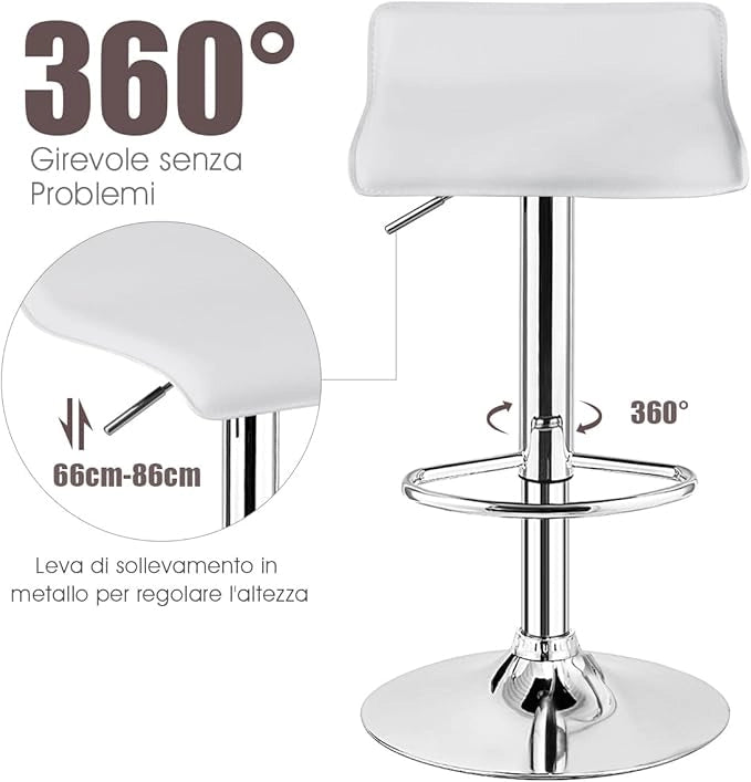 Set di 2 Sgabelli Girevoli da Bar, Sgabello Regolabile in Altezza per Bar, Rotazione a 360°, Sgabelli da Bar senza Braccioli, con Poggiapiedi, Portata 120 kg (Bianco)