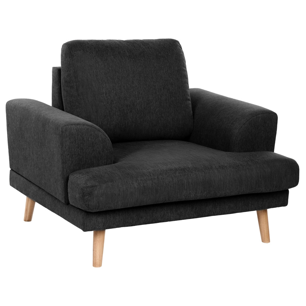 Set da salotto a 4 posti con divano in tessuto e poltrona braccioli svasati in stile moderno nero