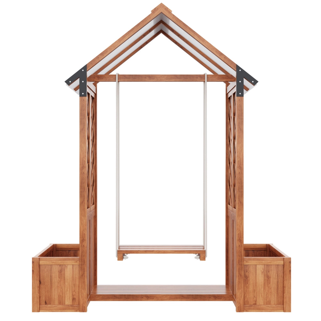 Fioriera con grigliato 163x142x70 cm con altalena e tettuccio parasole in legno marrone
