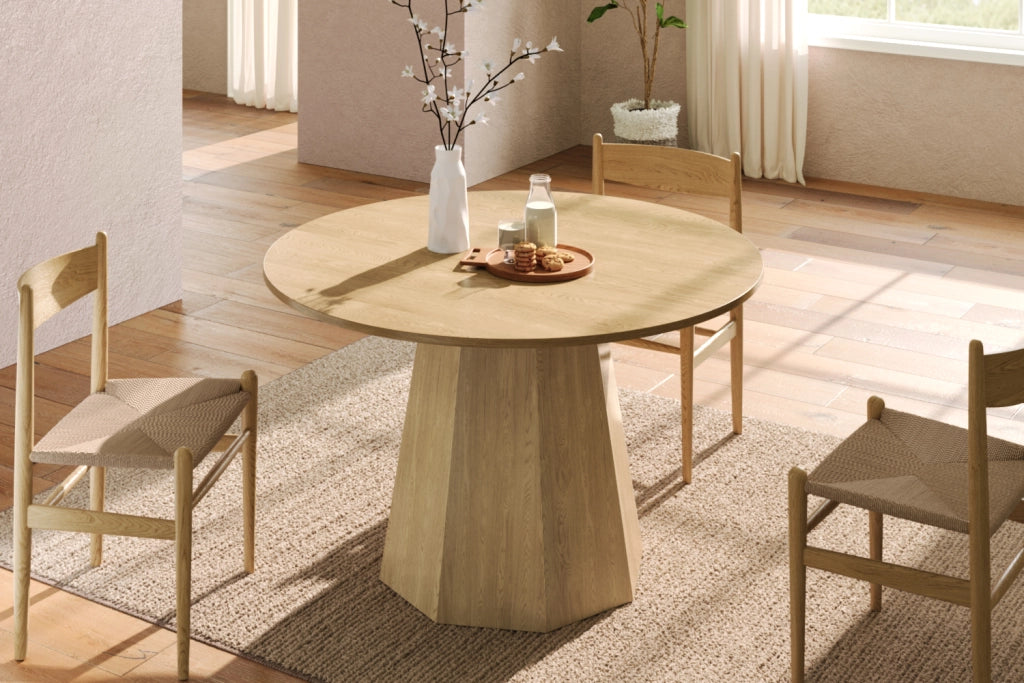 Tavolo da pranzo rotondo in MDF effetto rovere, diametro 120 cm, per 4-6 persone, design nordico