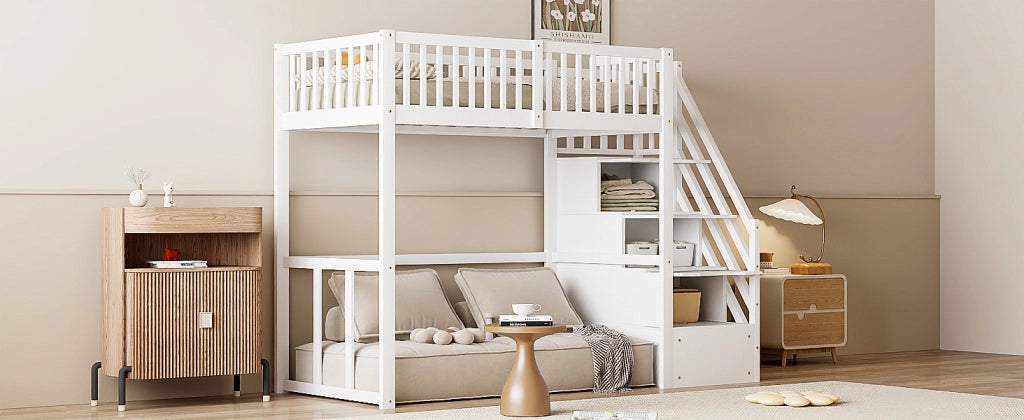 DESMIU Letto a soppalco 90 × 200 cm 1 posto con scala contenitore e scrivania, senza materasso, bianco