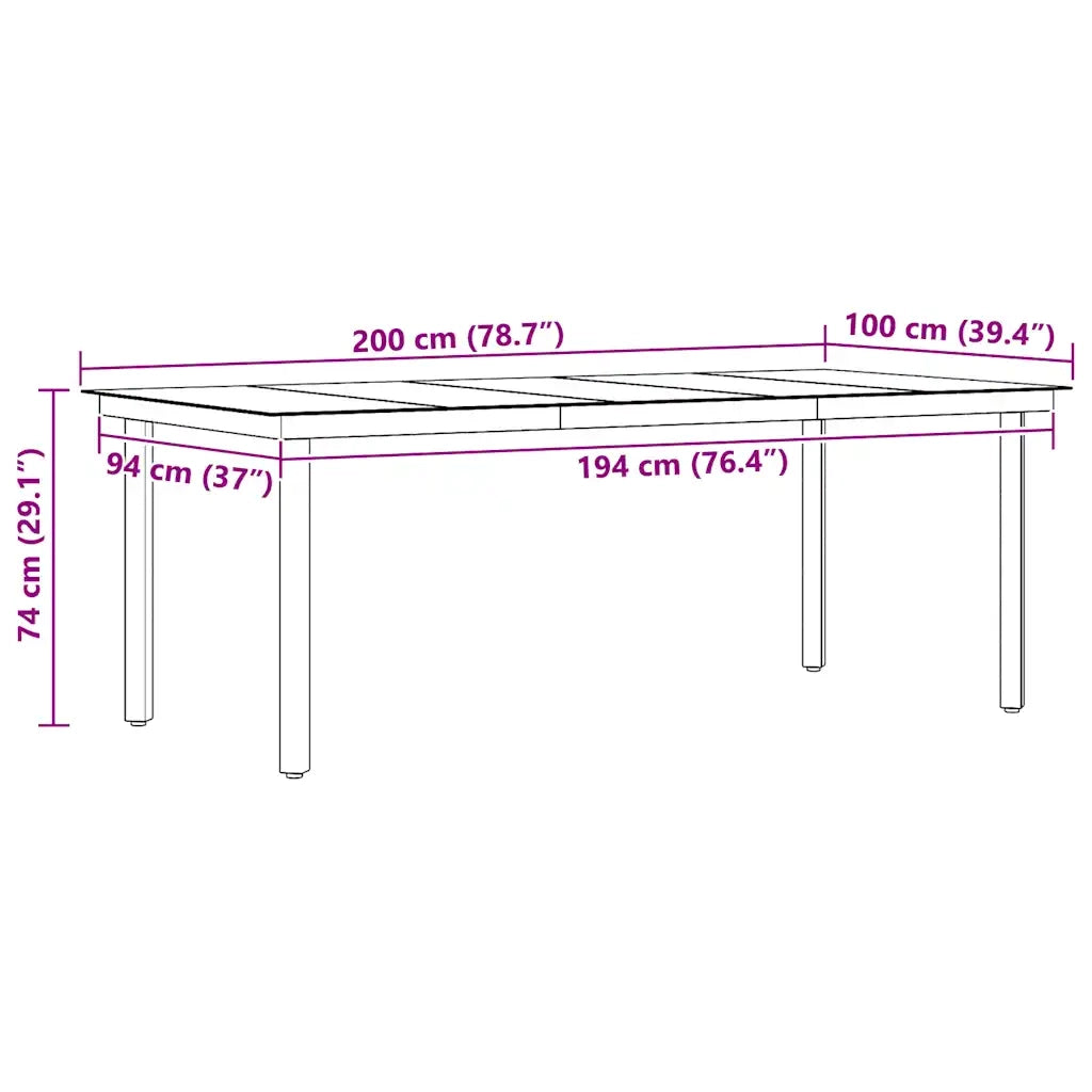 Tavolo da Pranzo da Giardino | Tavolino da esterno Nero 200x100x74 cm Acciaio e Vetro