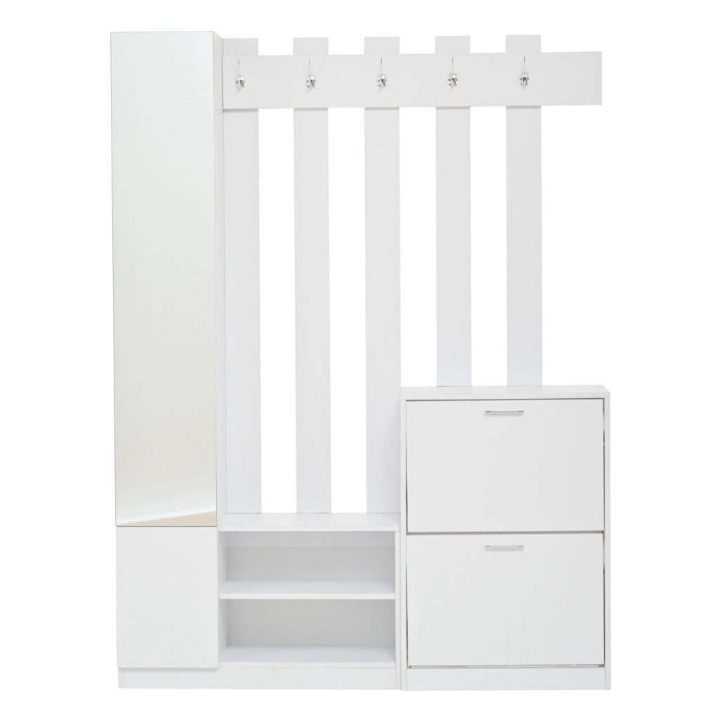 Mobile da ingresso ULEVR 135x25x180 cm con specchio, 2 scarpiere a ribalta e 5 ganci, bianco