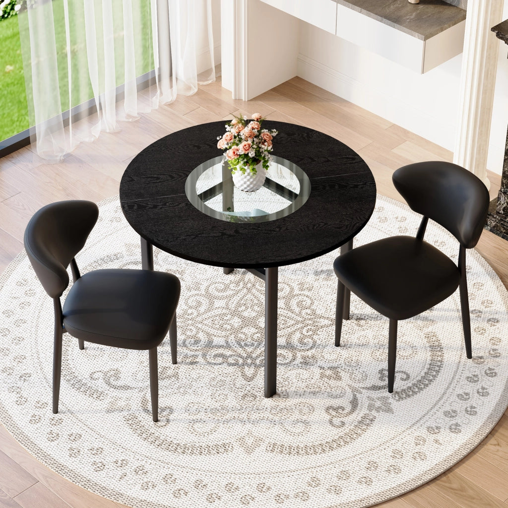 Tavolo da pranzo rotondo con piano in MDF e inserto in vetro, ripiano in vetro, per soggiorno e cucina, nero, 100 cm